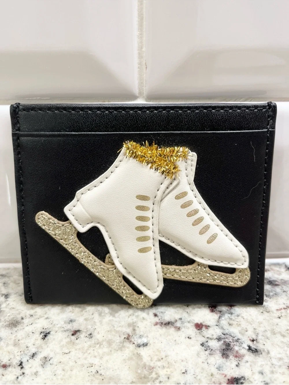 Rare kate spade Black Card Holder with White Ice Skate Appliqué and Gold Accents